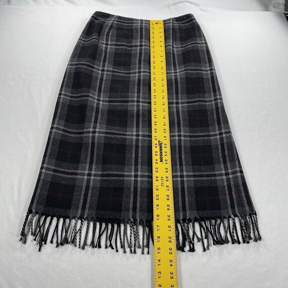 Worthington Wool Blend Midi Skirt Gray Plaid Fringe Dark Academia Petite 10 - Picture 6 of 7